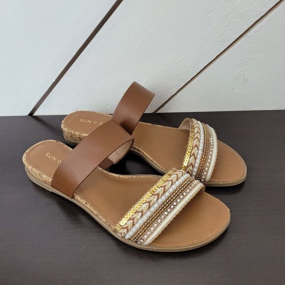 NEW Sun Stone Easten Slide Sandals Bead Cognac 7.5M Women's - Picture 1 of 7